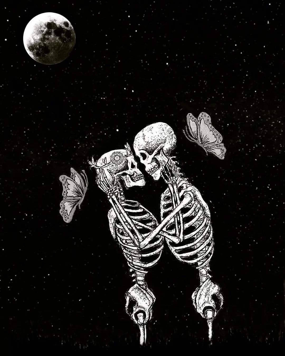 1080x1350 Download Skeleton Love With Butterflies Wallpaper
