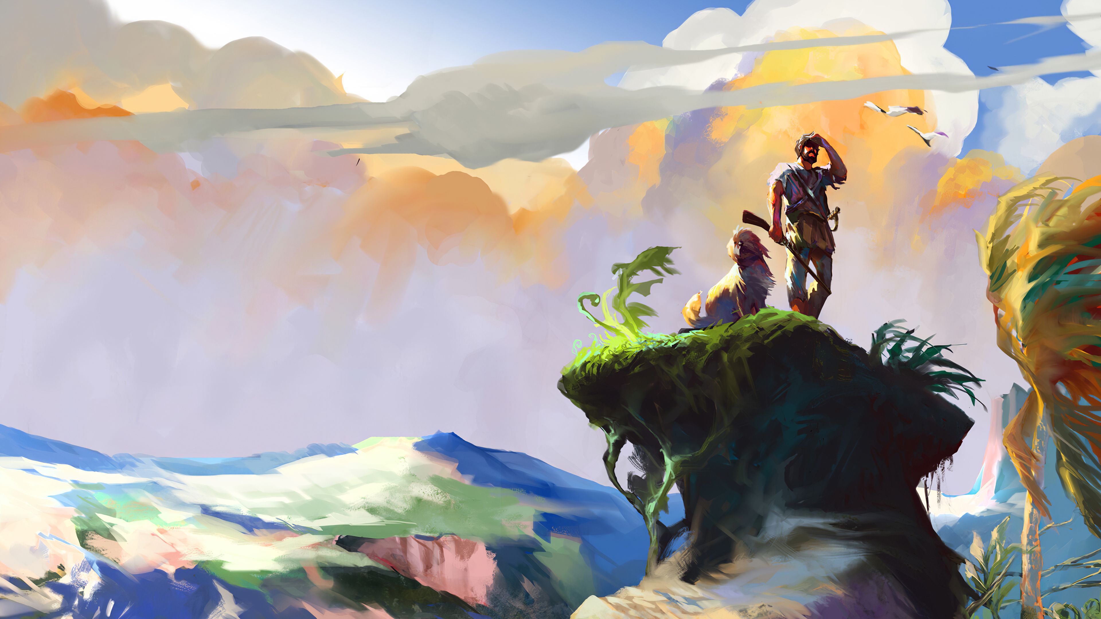 3840x2160 Download Landscape Dog Fantasy Men Fantasy Landscape 4k Ultra HD Wallpaper