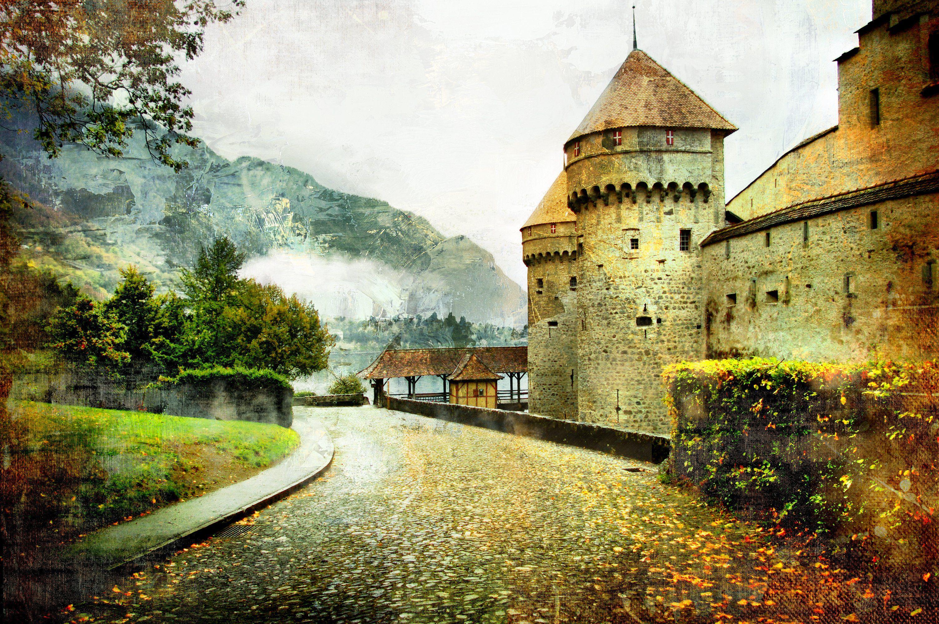 3008x2000 fairytale, Castle, Landscape, Road, Artwork, Art, Autumn