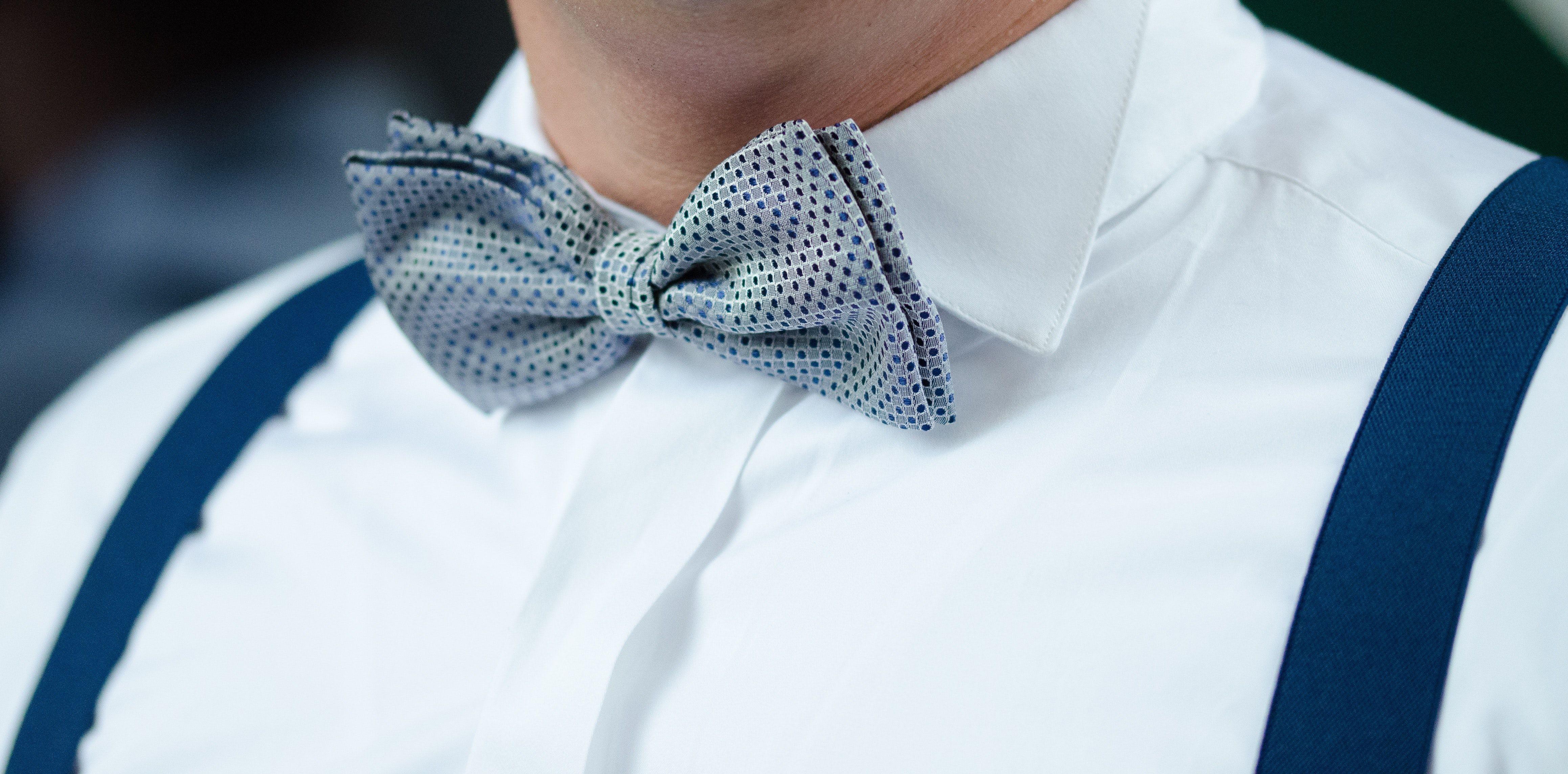 4635x2289 Man in White Dress Shirt Blue Suspenders and Gray Polka