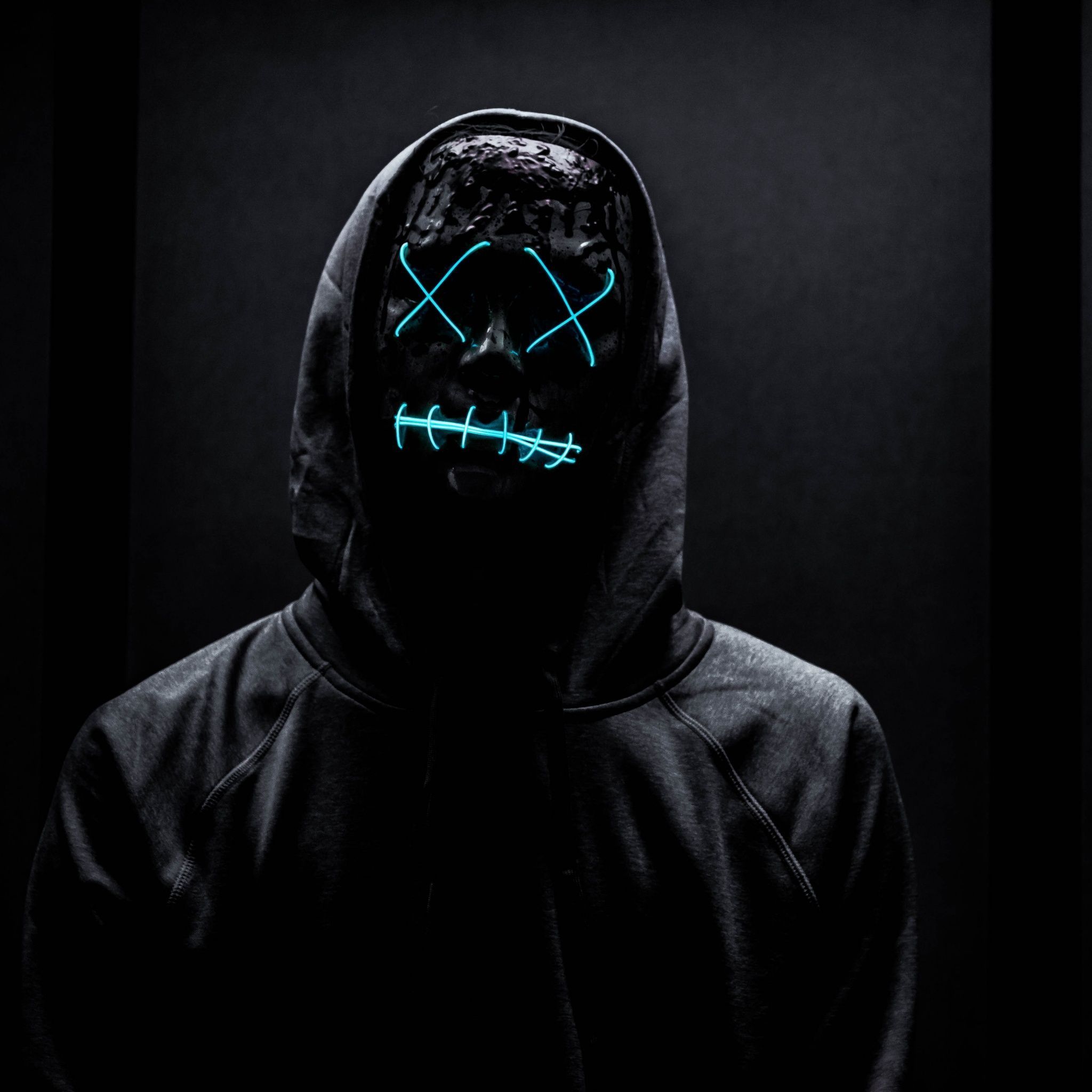 2048x2048 Neon Mask Wallpaper 4K, Man in Black
