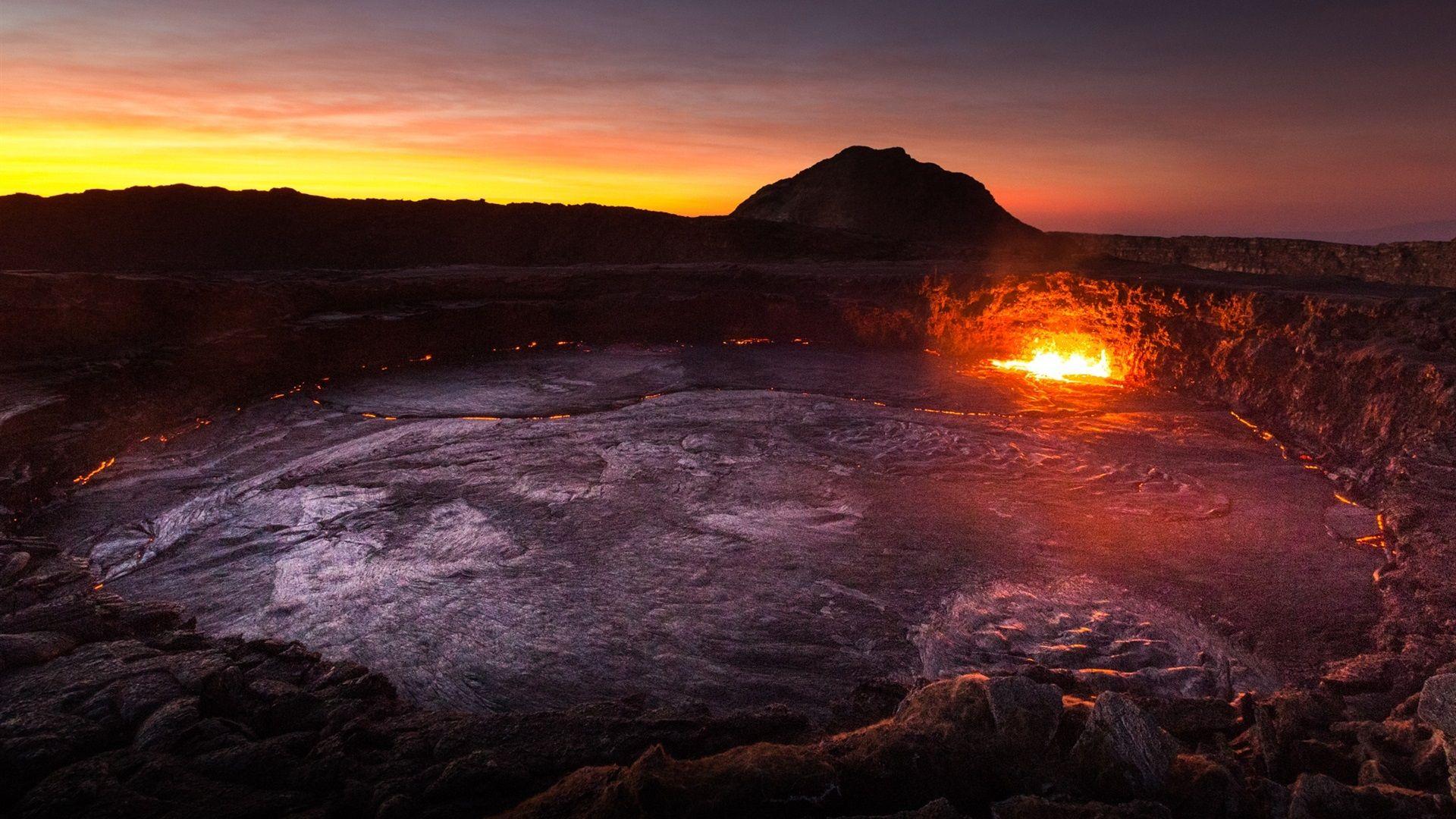 1920x1080 Wallpaper Africa, Ethiopia, volcano, lava, mountains, dawn