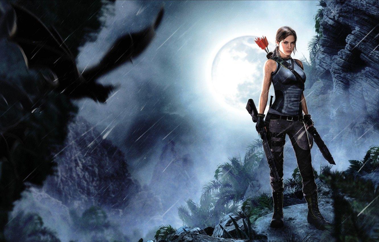 1332x850 Wallpaper girl, rendering, skull, bat, arrows, lara croft
