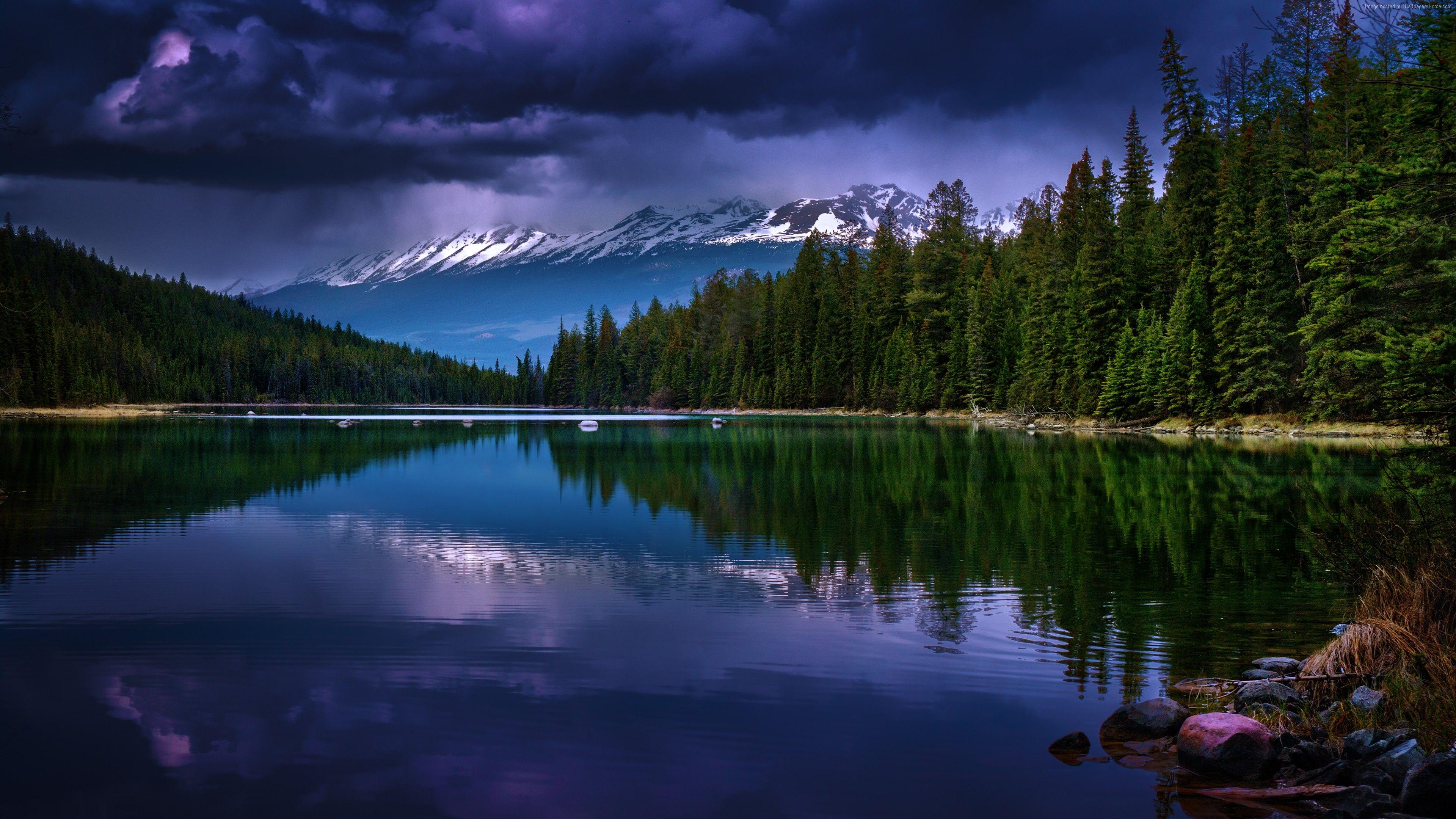 3840x2160 Wallpaper Mountains, 5k, 4k wallpaper, river, pines, trees, clouds