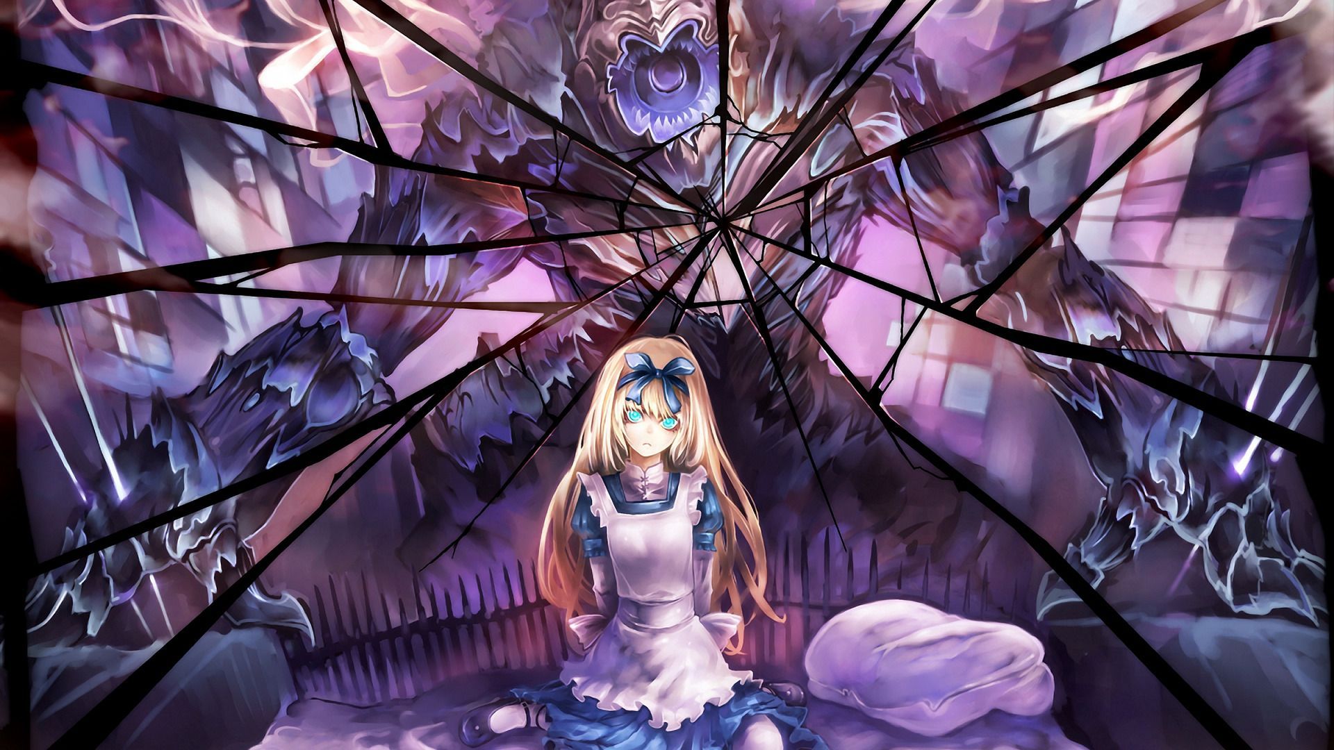 1920x1080 girl, fear, monster, anime, mirror, art