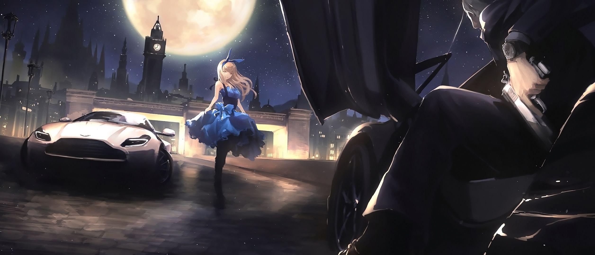 2513x1080 Anime Car And Blonde Girl Gangster, HD Anime, 4k Wallpaper