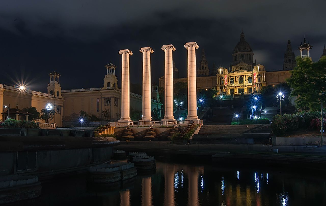 1280x810 Wallpaper Barcelona Spain Pond Night