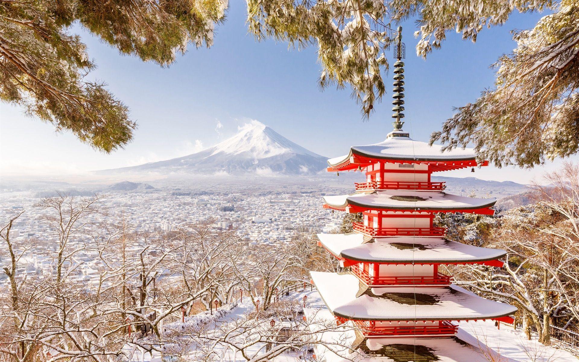 1920x1200 Hình nền Nhật Bản, Fuji Mount, Chùa, mùa đông, tuyết, cây