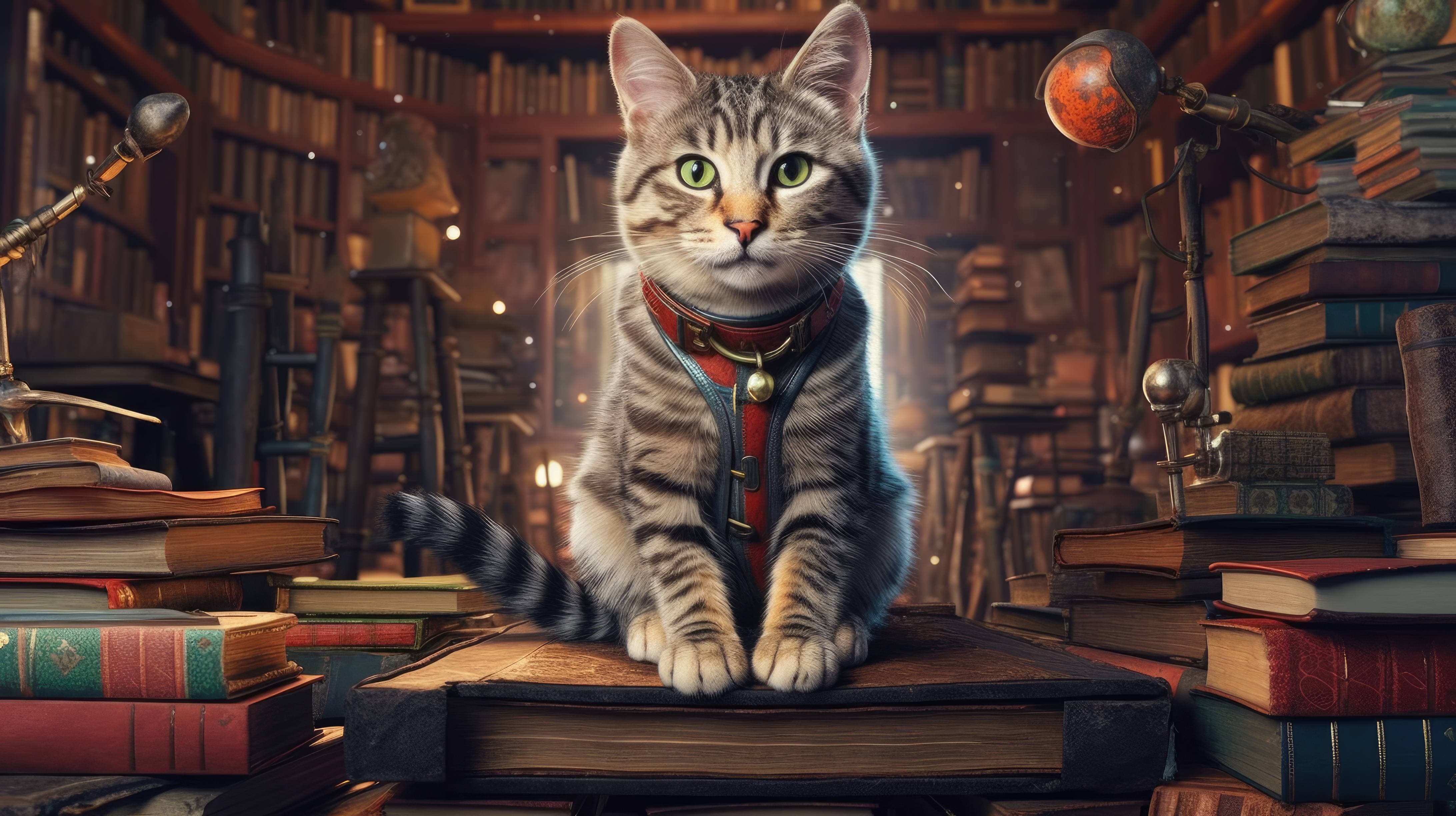 4368x2448 4K ultra HD wallpaper of a cat dressed