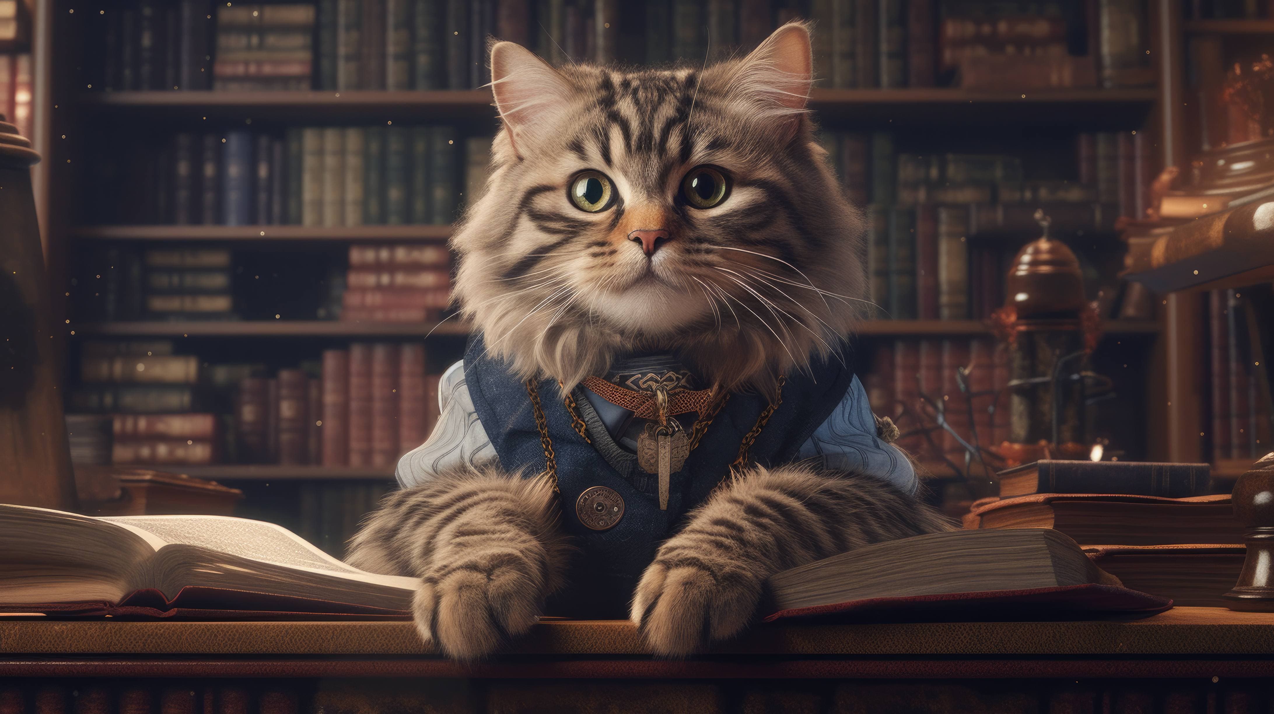 4368x2448 4K ultra HD wallpaper of a cat dressed