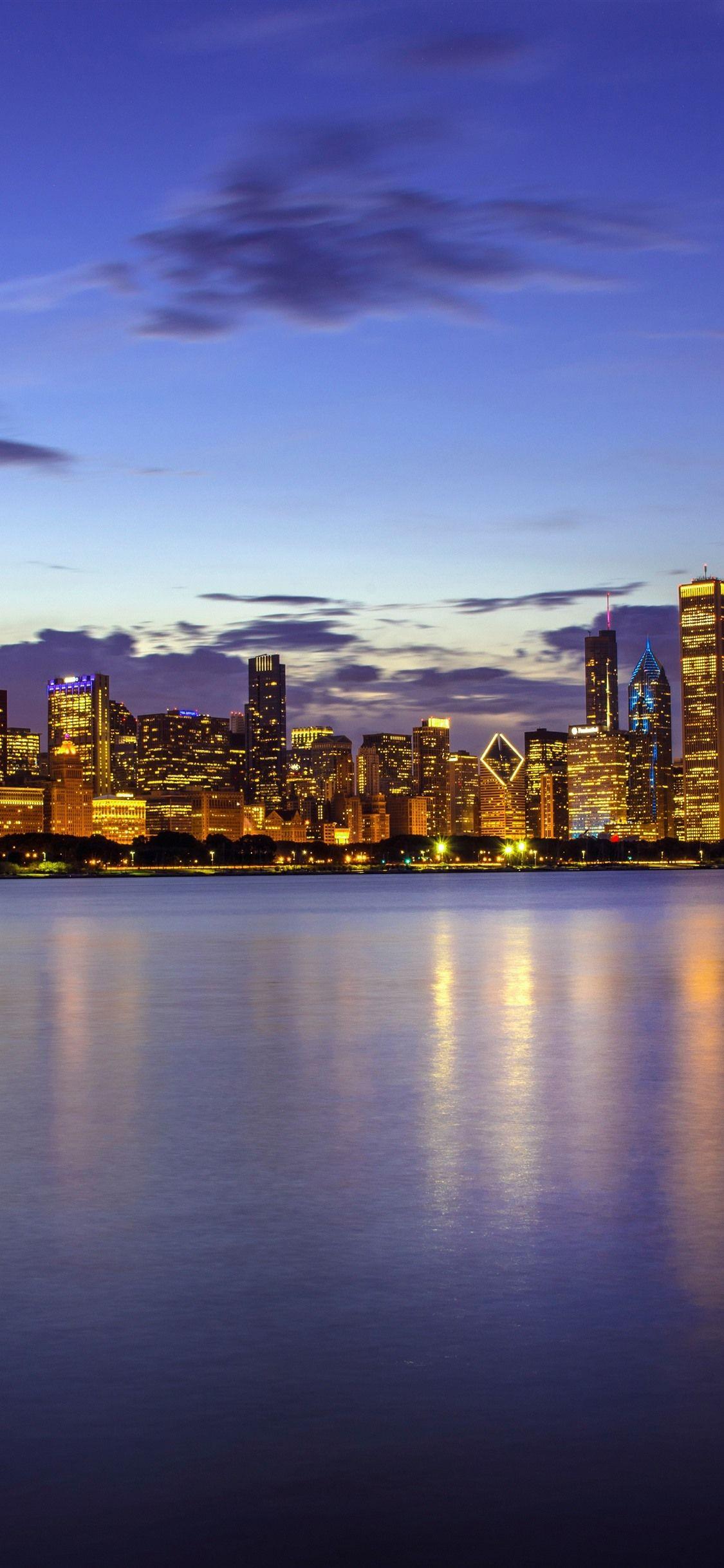 1125x2436 USA, Illinois, Chicago, skyscrapers, Lake Michigan, night