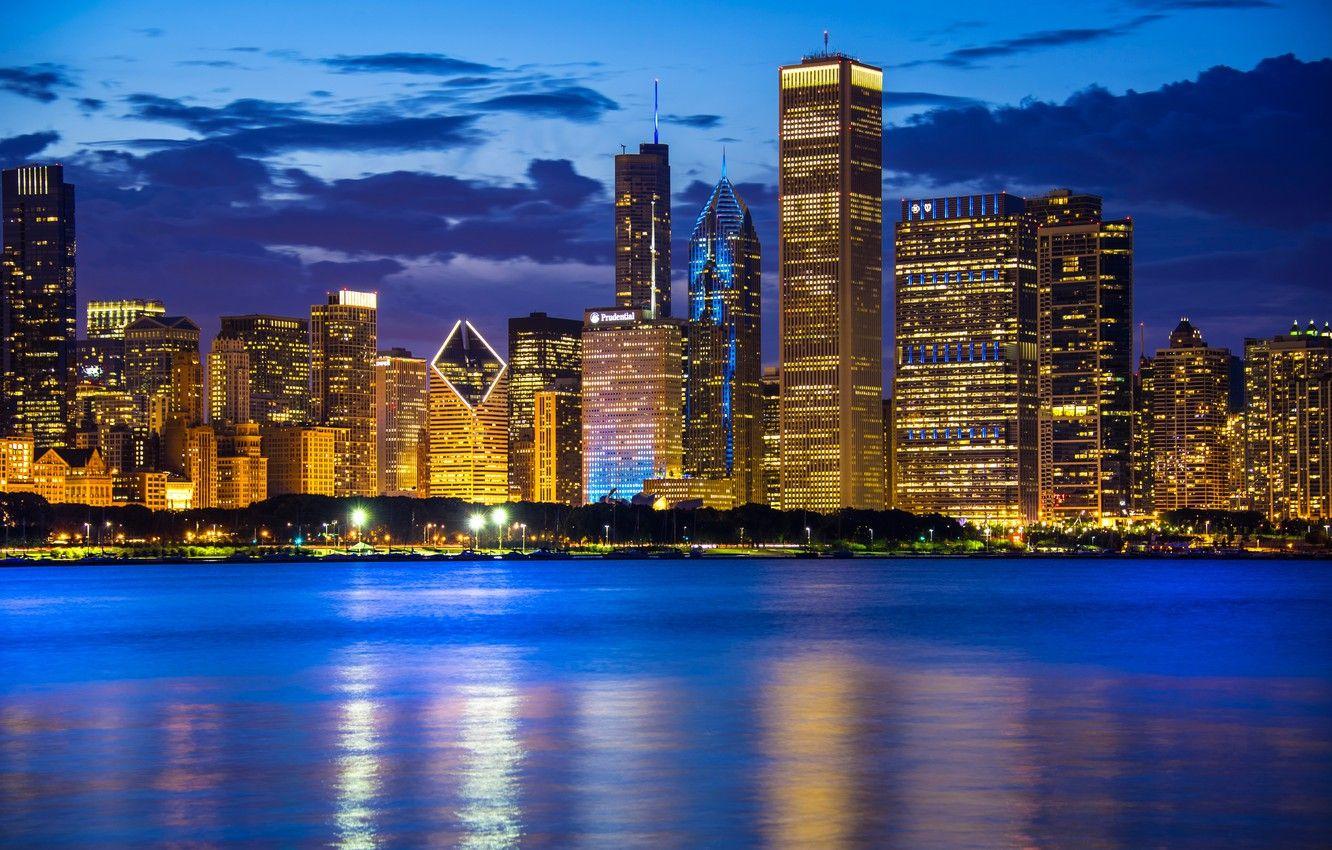 1332x850 Wallpaper water, lake, building, Chicago, Il, night city