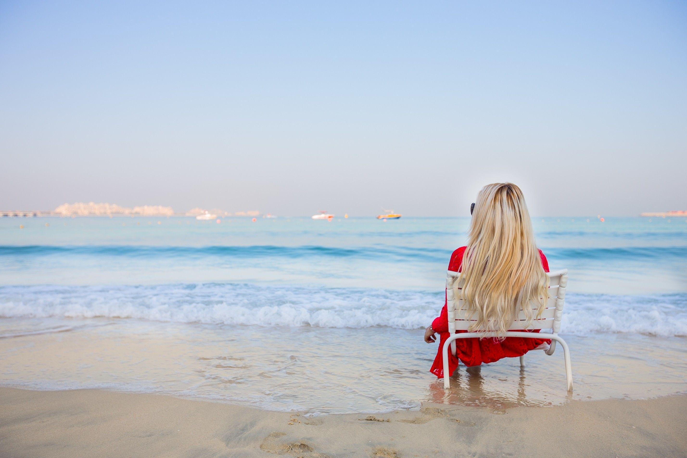 2856x1904 Blonde, Women, Sitting, Beach, Sea, Chair Wallpaper