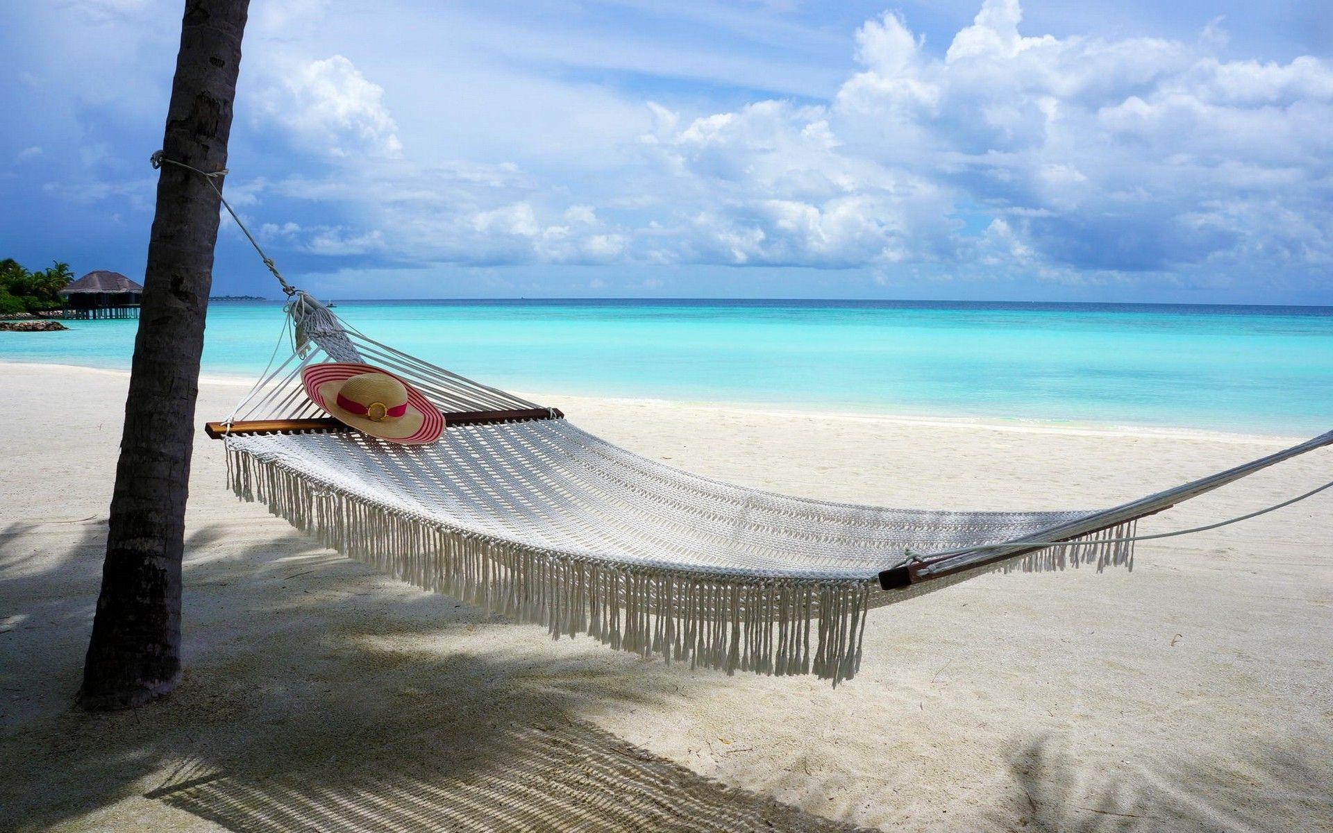 1920x1200 beach, Maldives, Island, Nature, Sand, Hammocks, Sea, Clouds