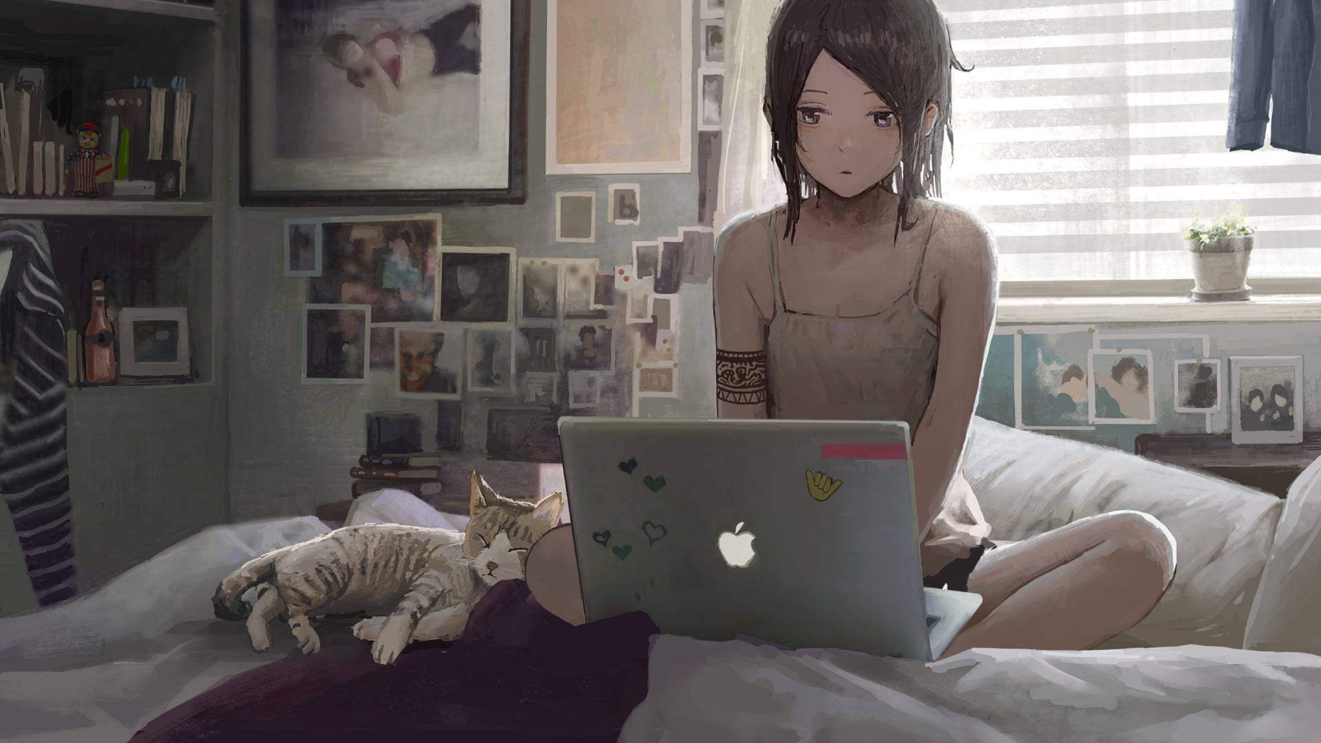 1920x1080 4k Laptop Anime Girl And Cat Wallpaper