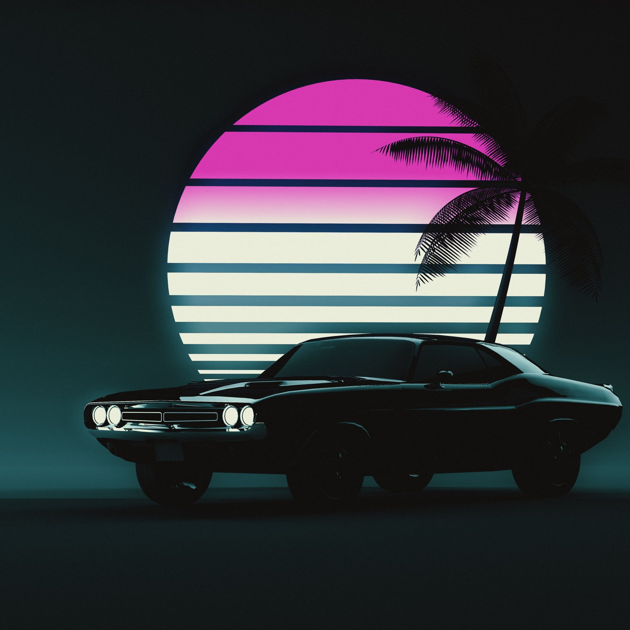 2560x2560 Muscle car Wallpaper 4K, Retro, Vintage car, Sunset, Neon