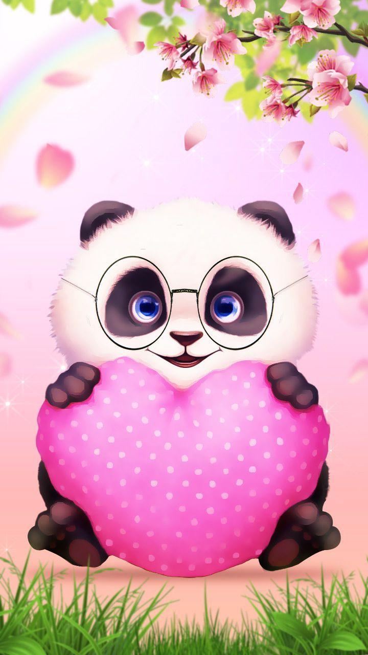 720x1280 Chào Panda, Gấu trúc dễ thương.  Hình nền phong cách hoạt hình trái tim tình yêu màu hồng.  #panda #love.  Gatinho desenho, Bonitos hình nền, Hình nền fofos