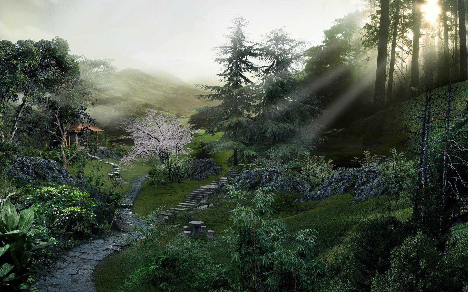 1920x1200 Chinese mountains, foottrails to cottages HD Wallpaper