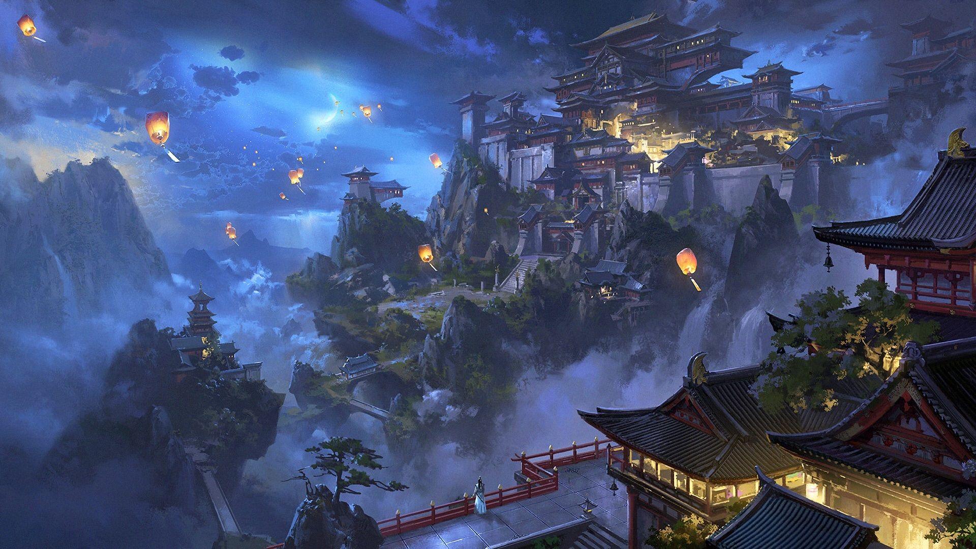 1920x1080 Wallpaper Chinese landscape, city, mountains, trees