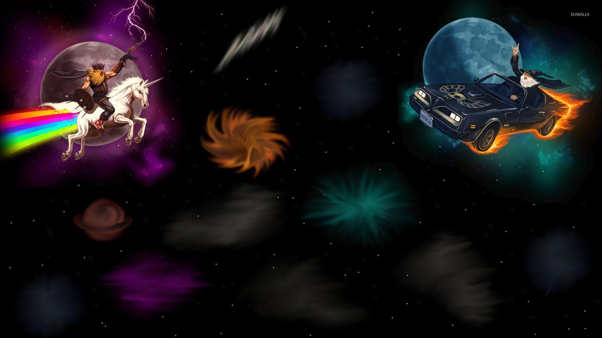 1920x1080 Warrior on unicorn against wizard in a car wallpaper