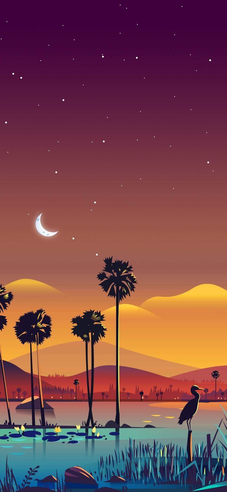736x1593 Desert Night Oasis With Palm Trees Vector Art Wallpaper