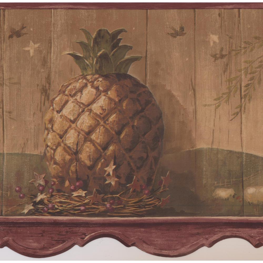 1000x1000 Vintage Pineapple Purple Berries Faux Carved Brown Wood Prepasted Wallpaper Border