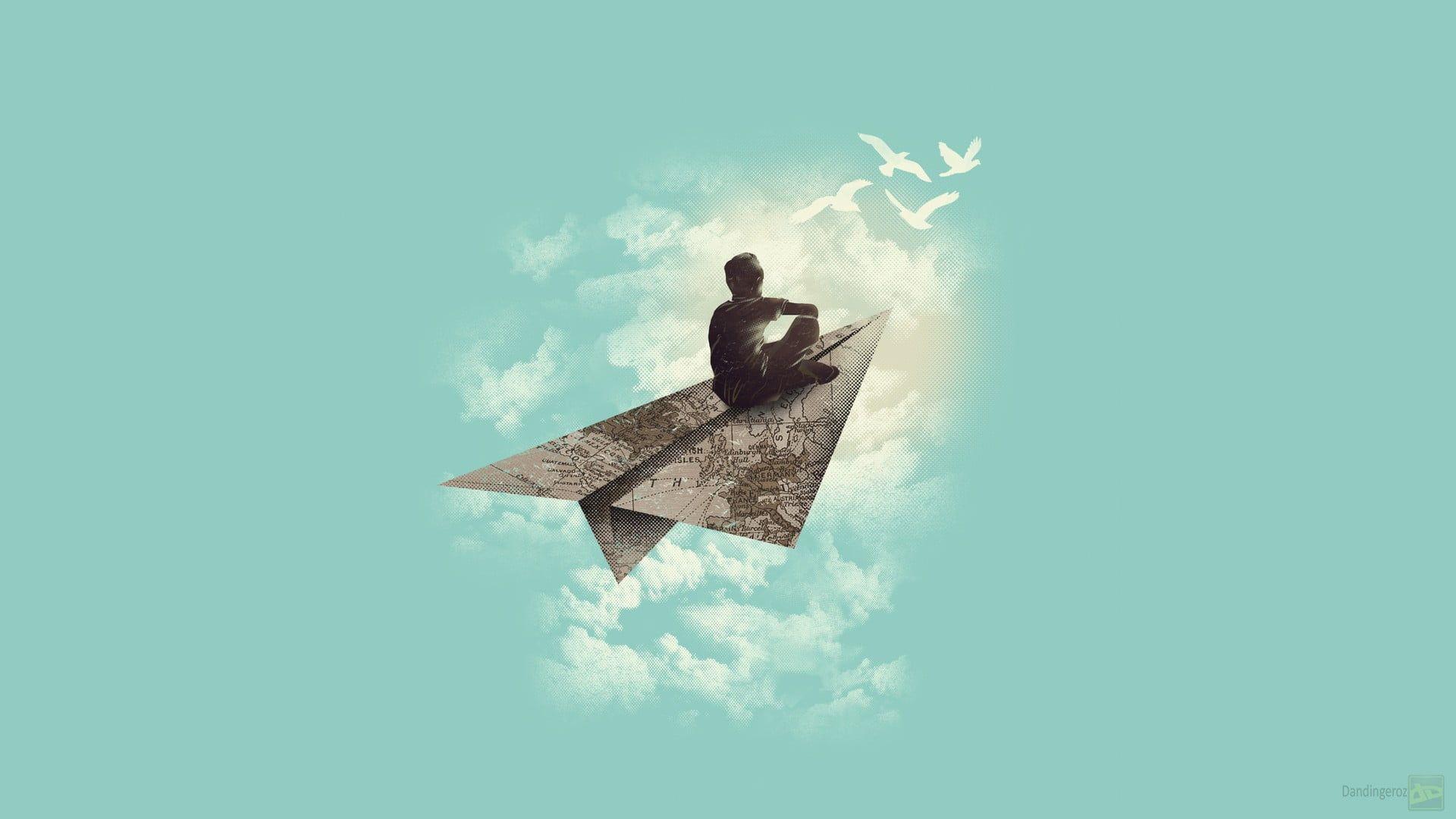 1920x1080 Man riding on gray paper airplane illustration, fantasy art