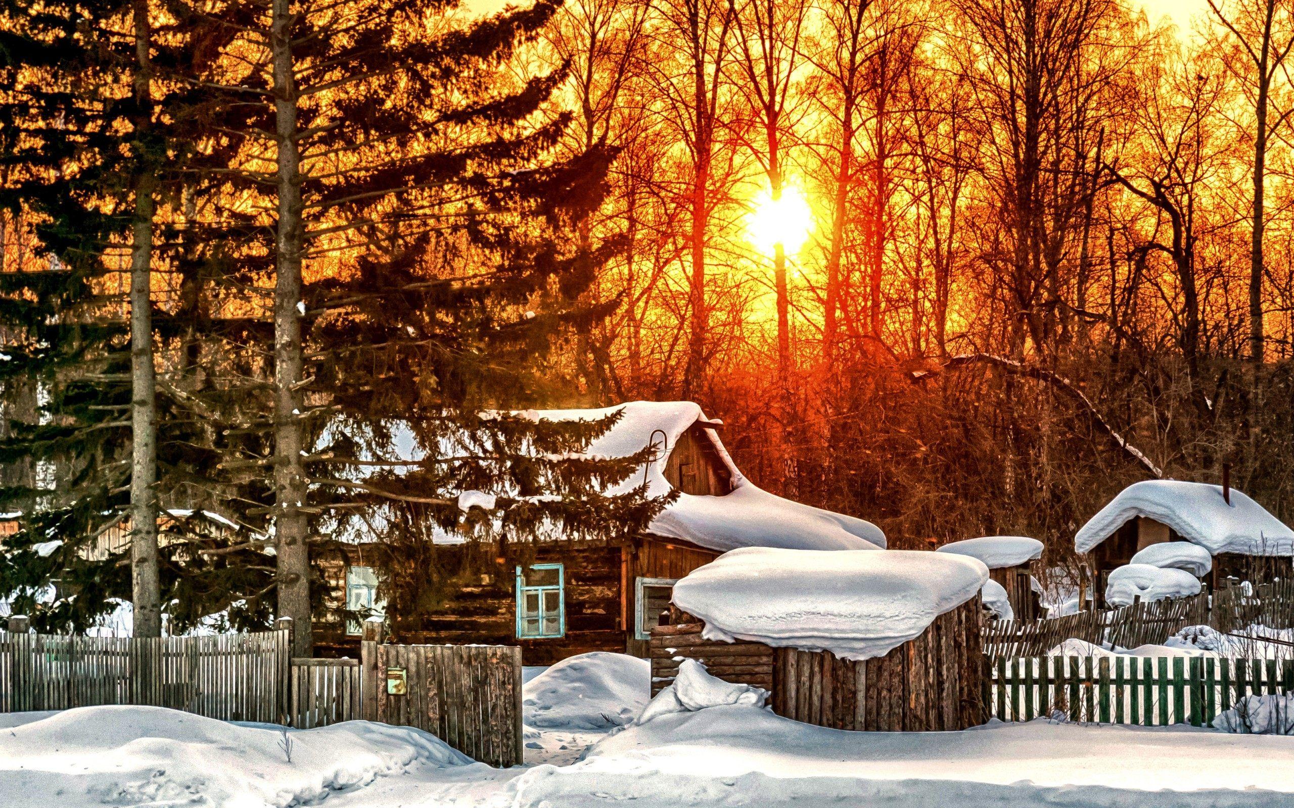 2560x1600 Snow Forest House Sunrise Wallpaper - Красивые Фото Русской