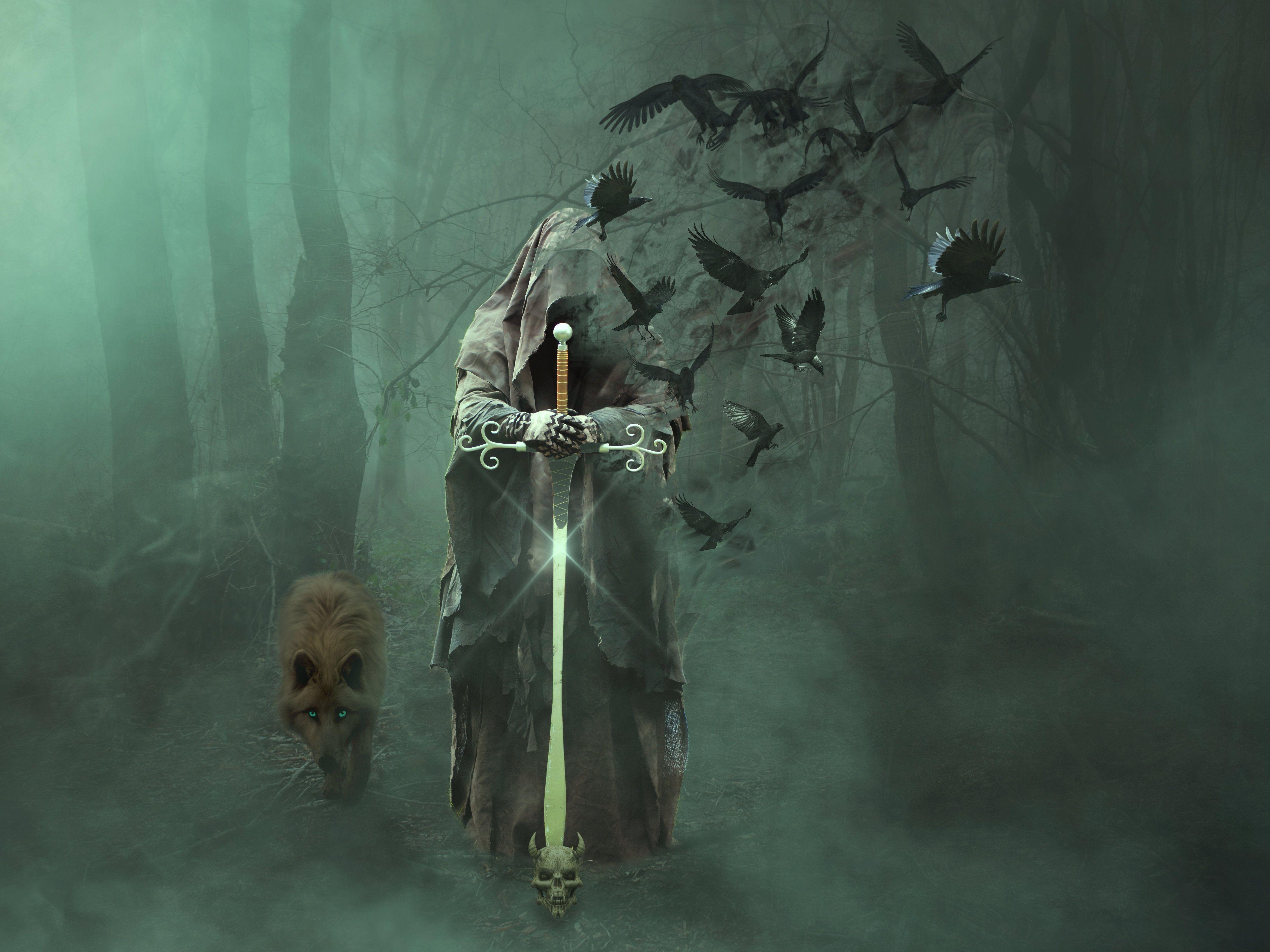 4535x3401 Magician Wolf Mystical Creepy Birds Mysterious Stock