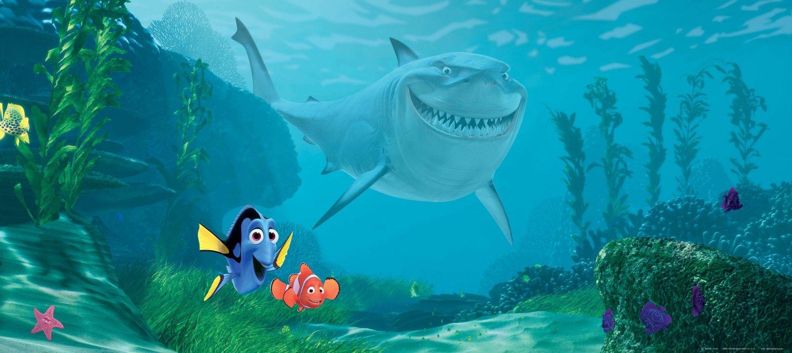 1600x713 Wall mural wallpaper Finding Nemo Marlin Dorie & Bruce photo 202 x 90 cm / 2.21 yd x 35.43 ''