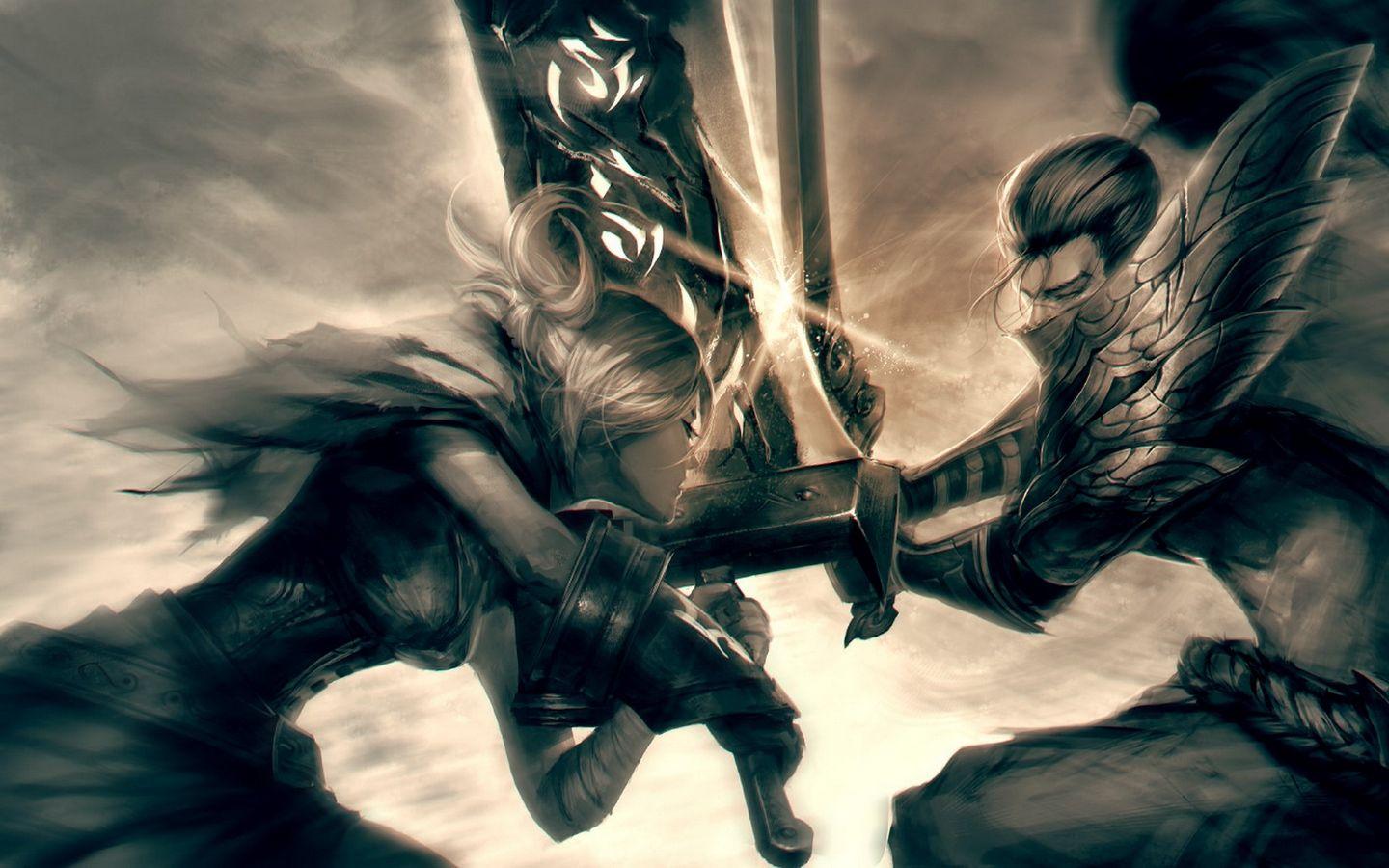 1440x900 Download wallpaper 1440x900 league of legends, yasuo, riven