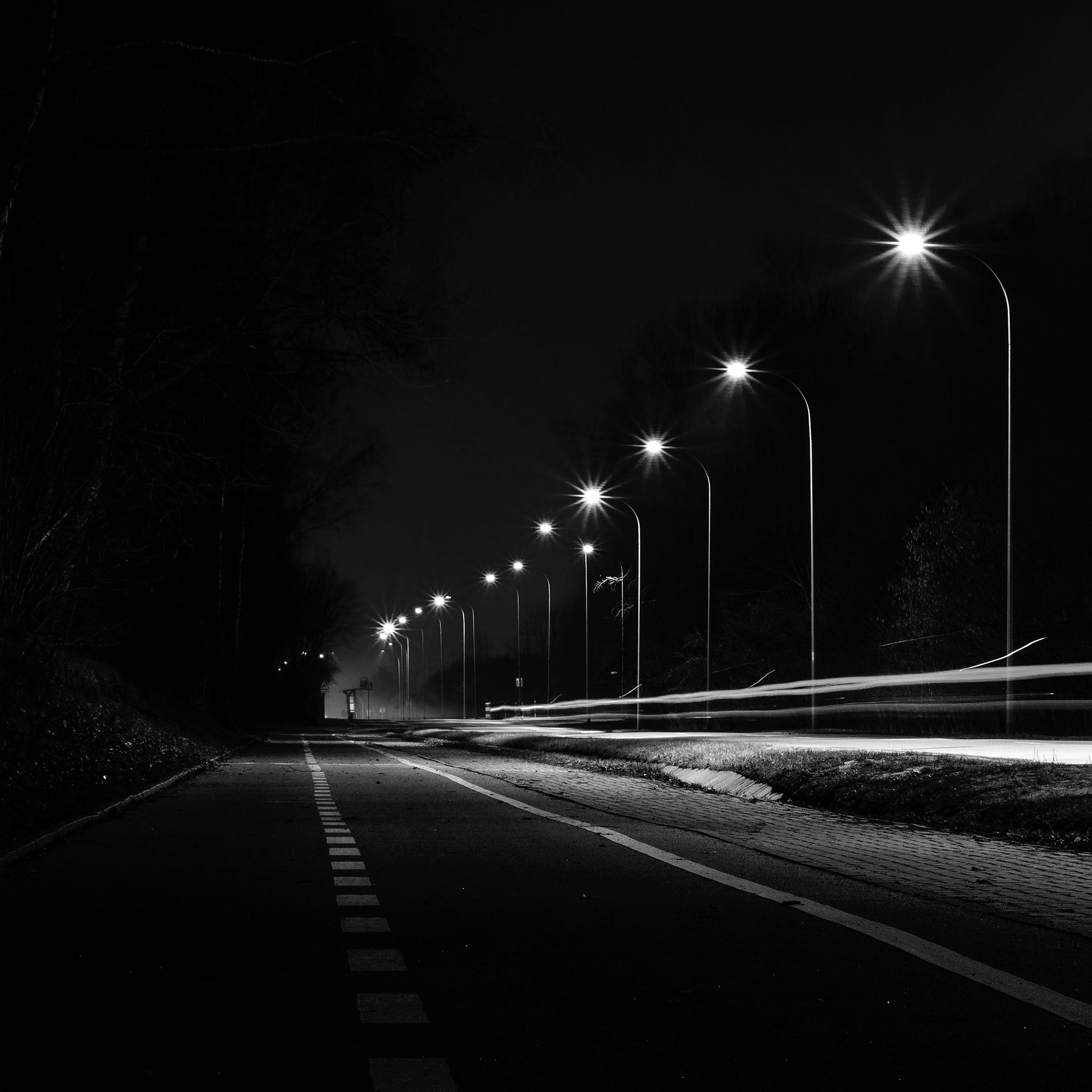 2732x2732 Street Lights Dark Night Car City Bw