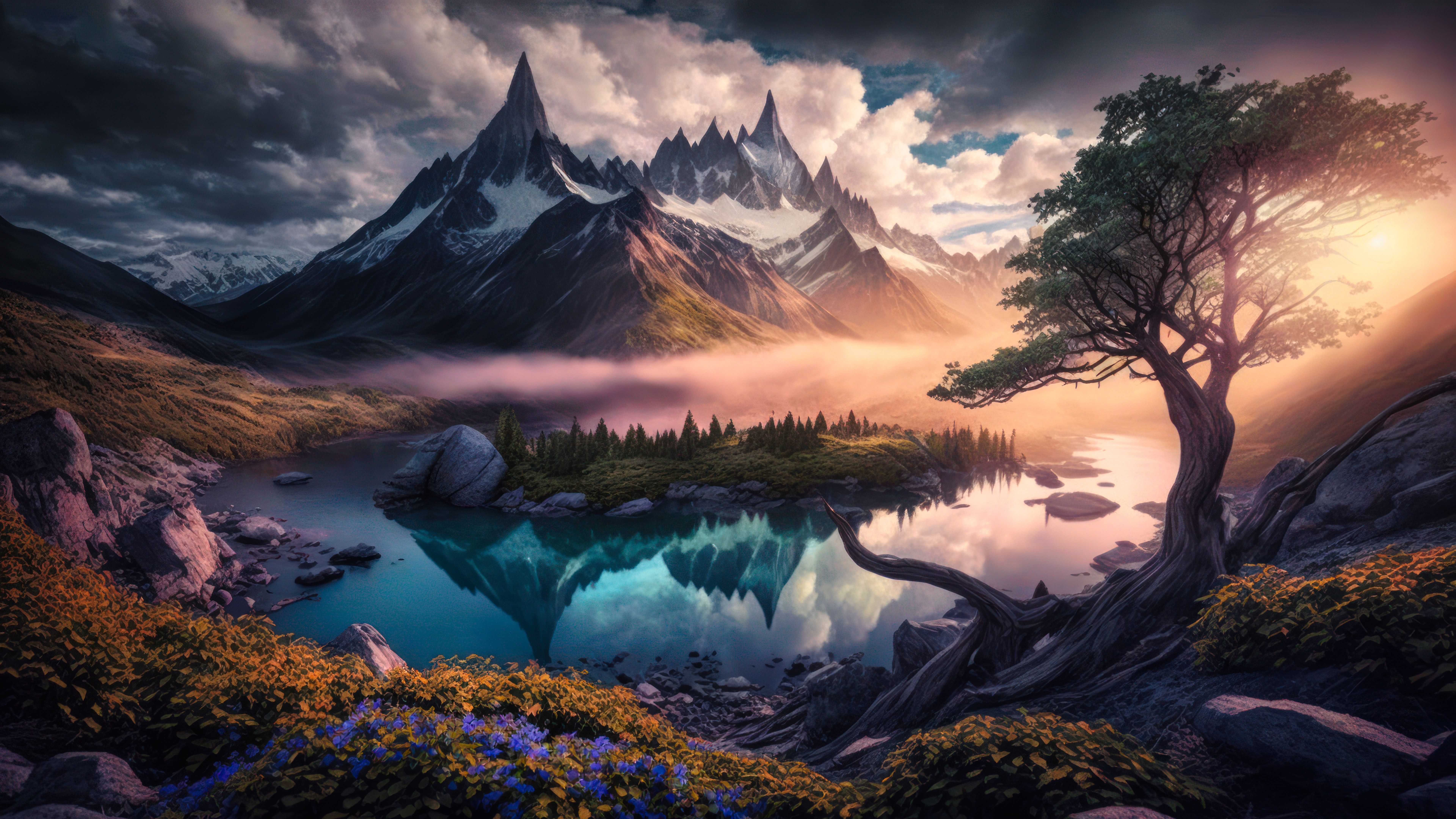 7680x4320 Mystical Sunrise Over Serene Mountain