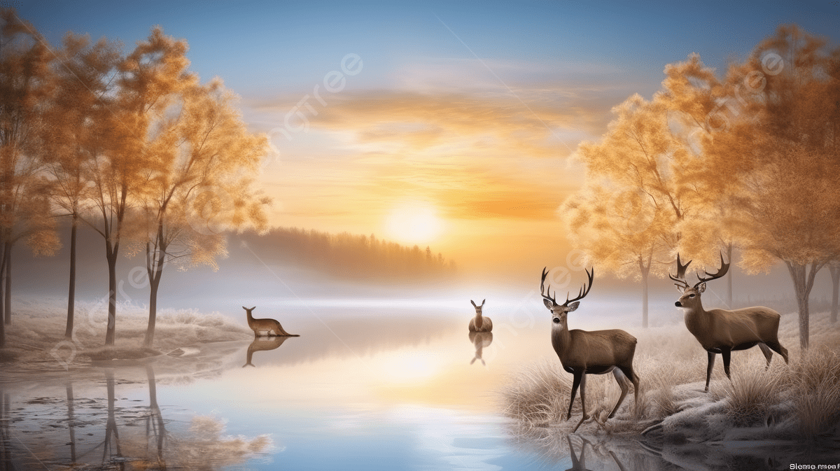 1200x673 Deer At Sunrise Background, 3D Modern