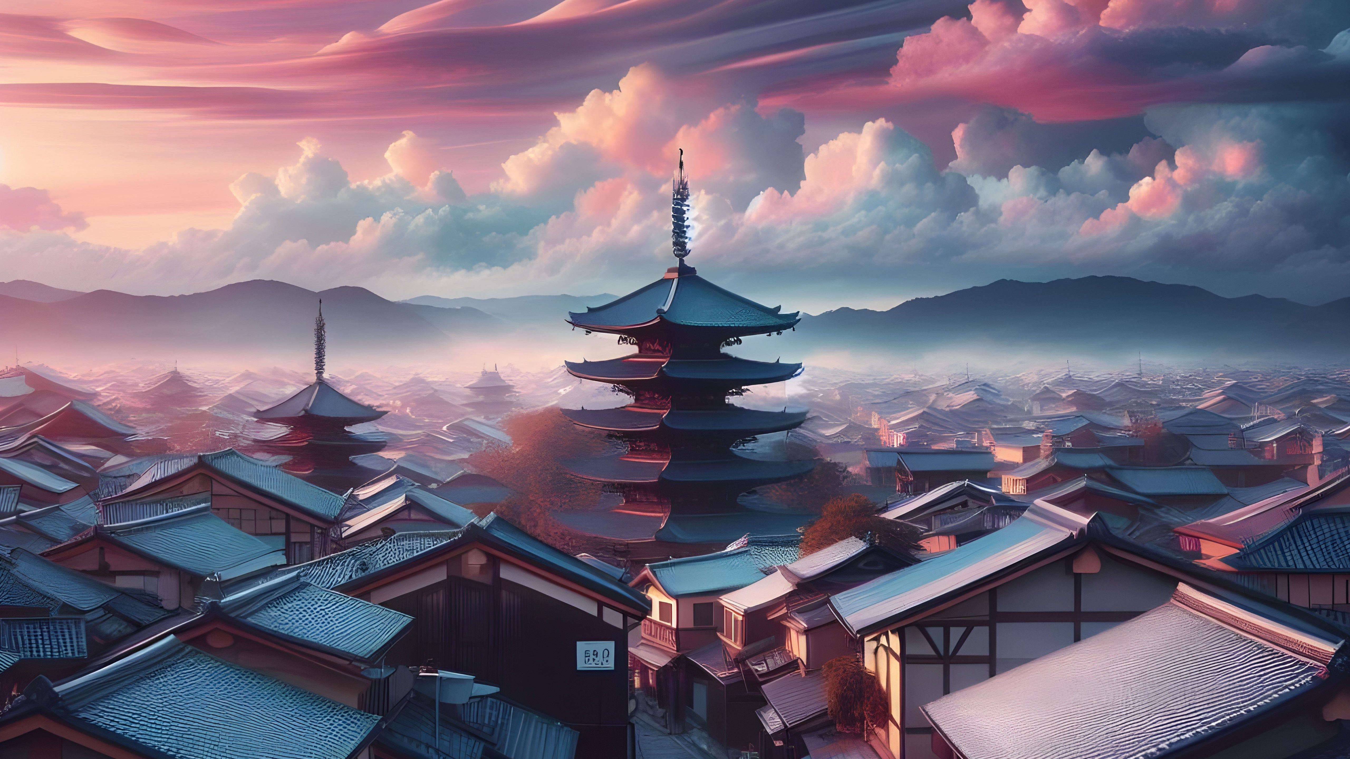 5120x2880 Mystical Sunrise Over Tranquil Pagoda