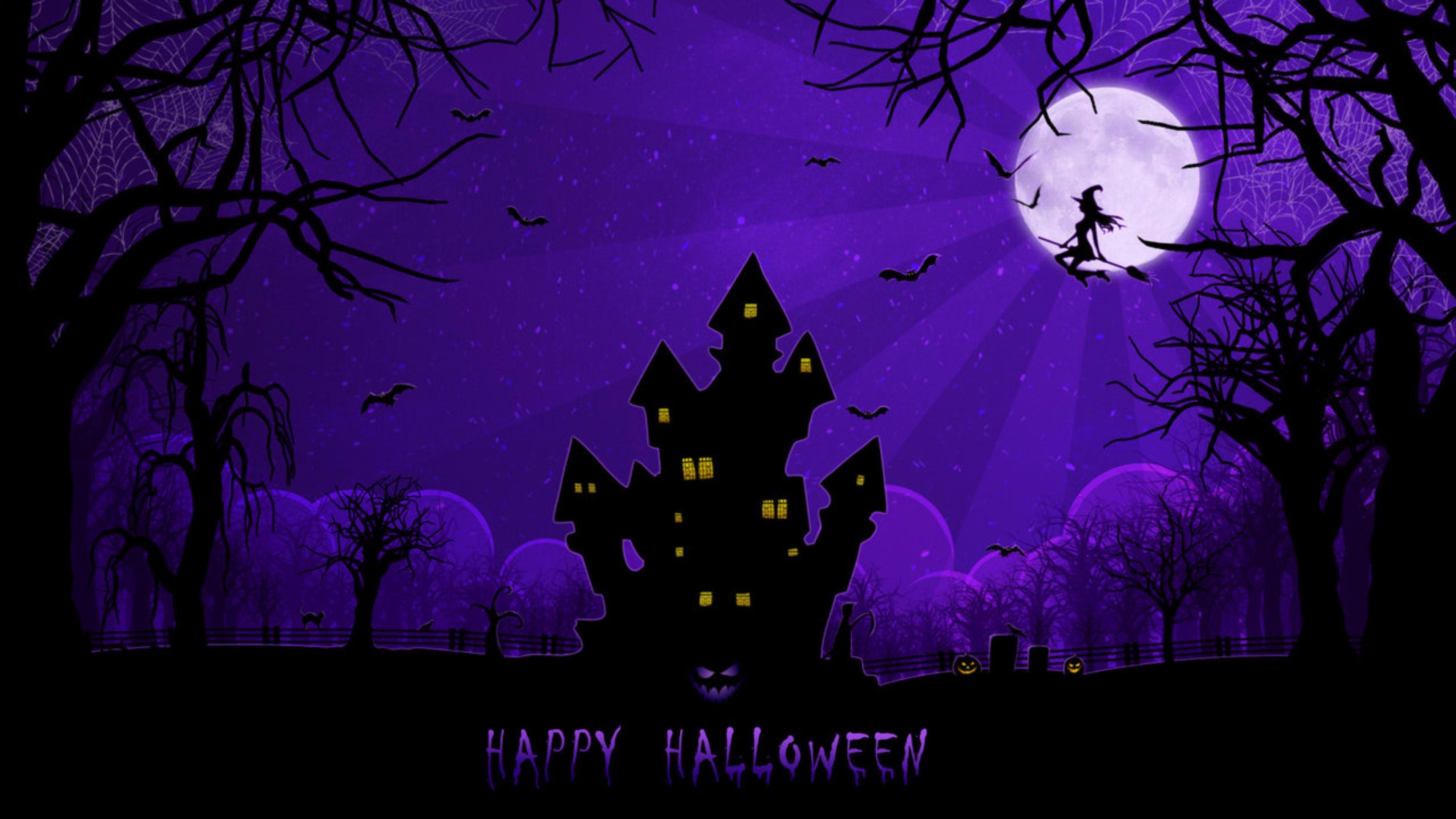 Blue halloween background with castle and pumpkins
