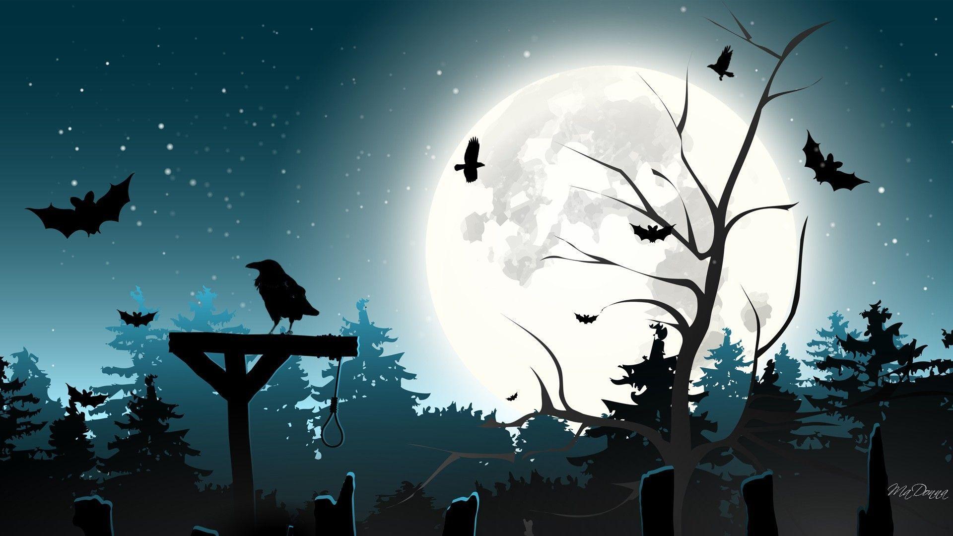 1920x1080 Halloween Owls and Bats Orange HD desktop wallpaper