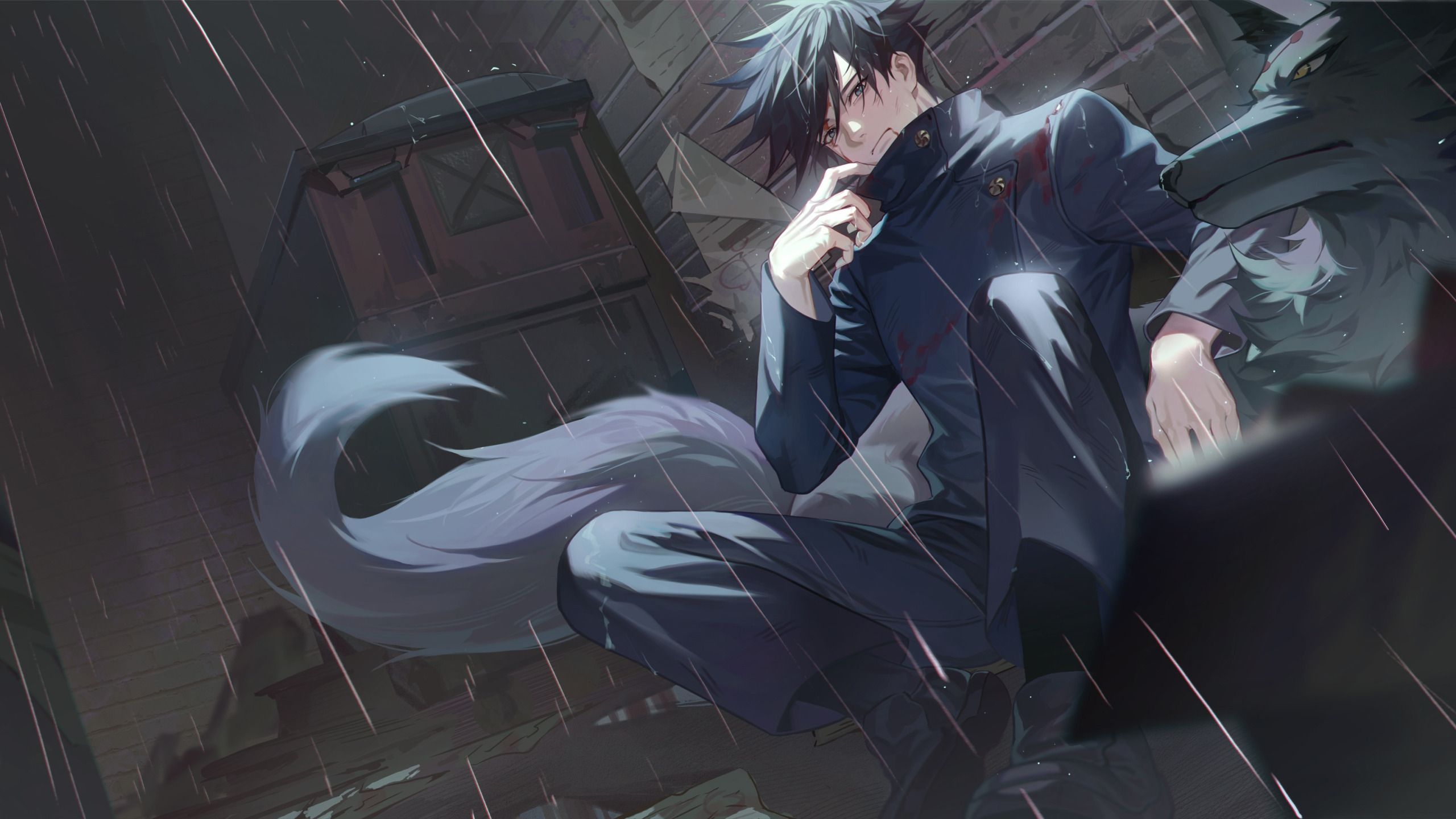 2560x1440 Download wallpaper rain, wolf, fantasy