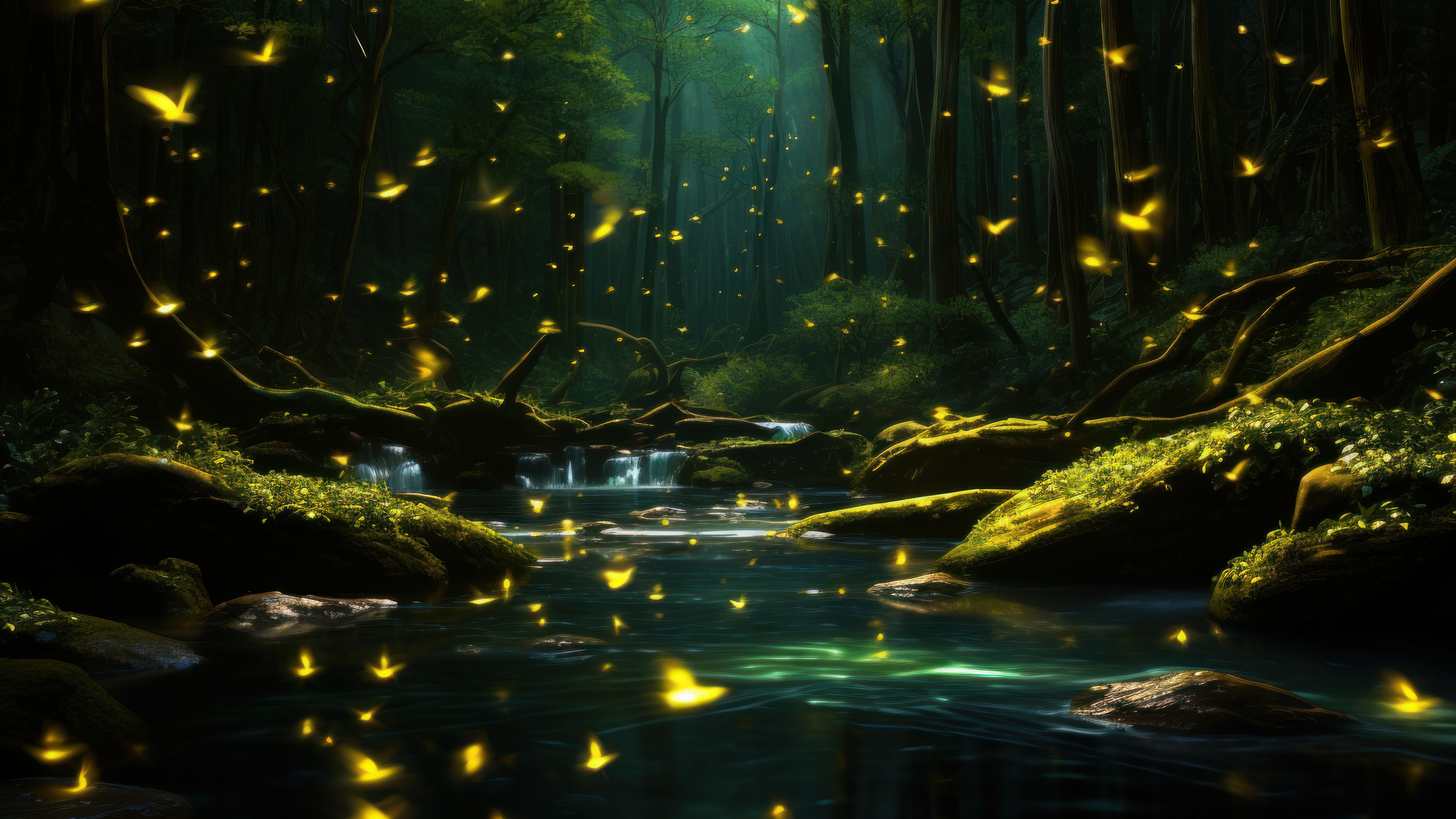 7680x4320 Fireflies Wallpaper 4K, Forest, 8K