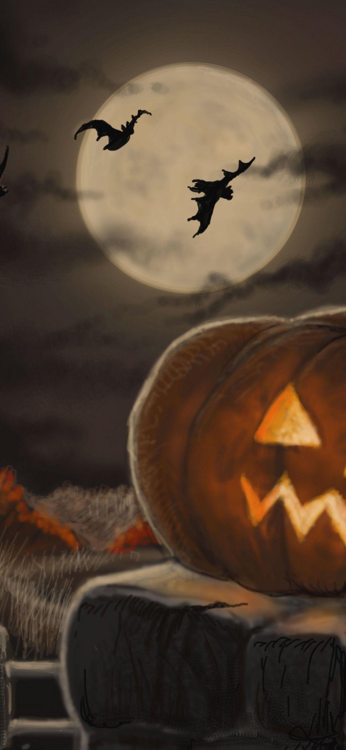 1125x2436 Download Wallpaper 1125x2436 Happy halloween, Pumpkin, Bat
