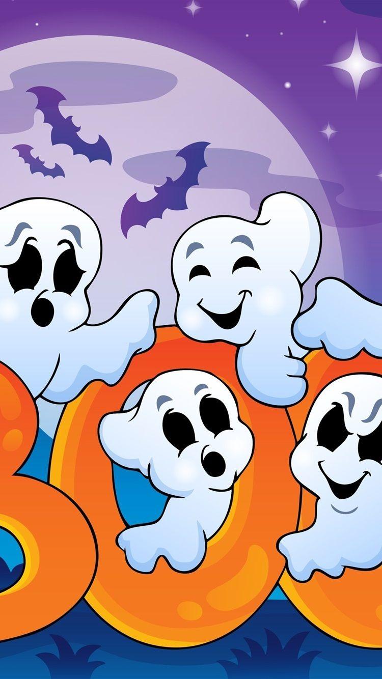 750x1334 Halloween, funny ghosts, creepy house, full moon, vector