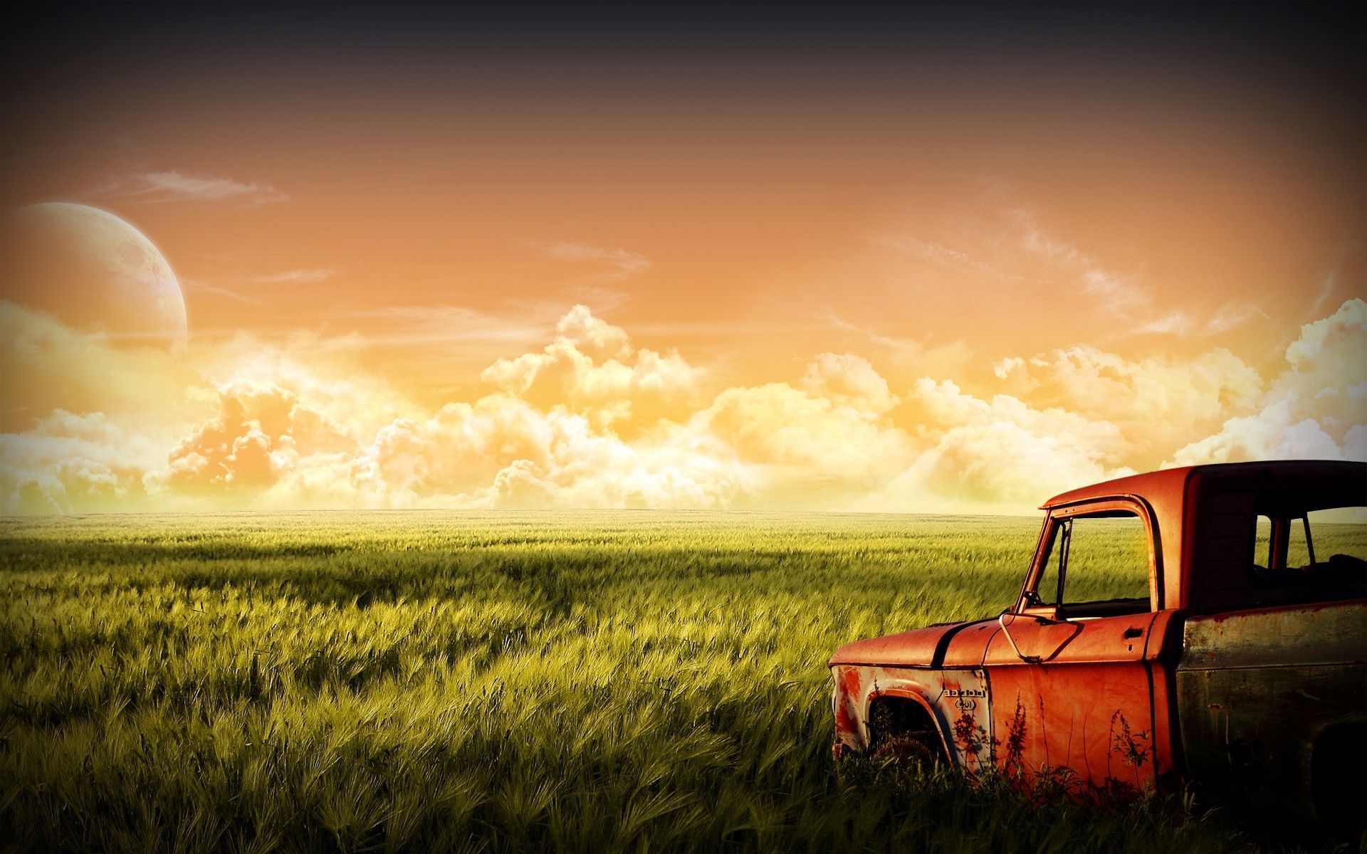 1920x1200 old car nature landscape red green moon