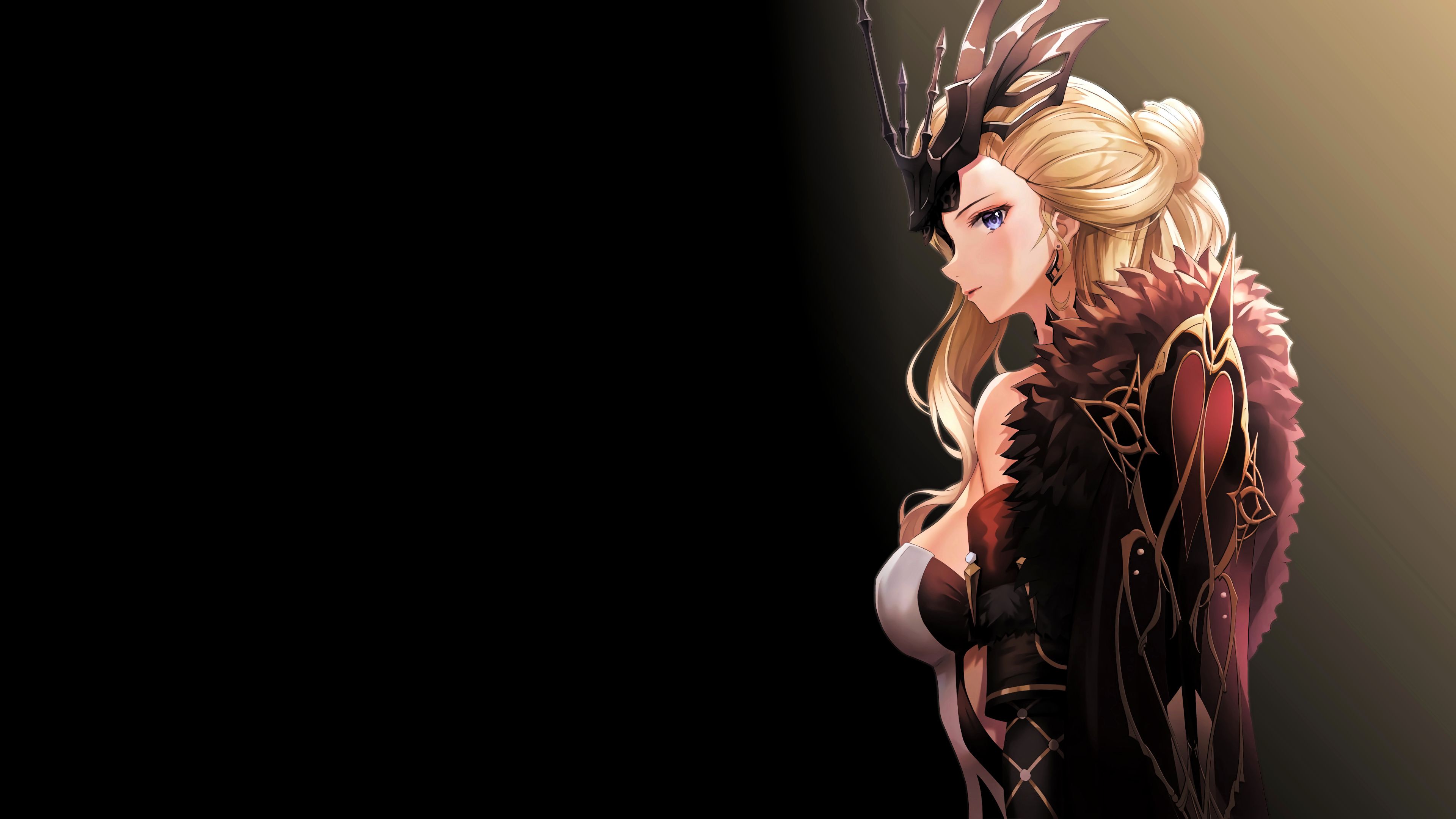 3840x2160 blue eyes, blonde, Lunacle, Genshin Impact, La Signora (Genshin Impact), simple background, black background, anime girls, looking back, artwork, Crimson Witch of Flamex2160 Wallpaper