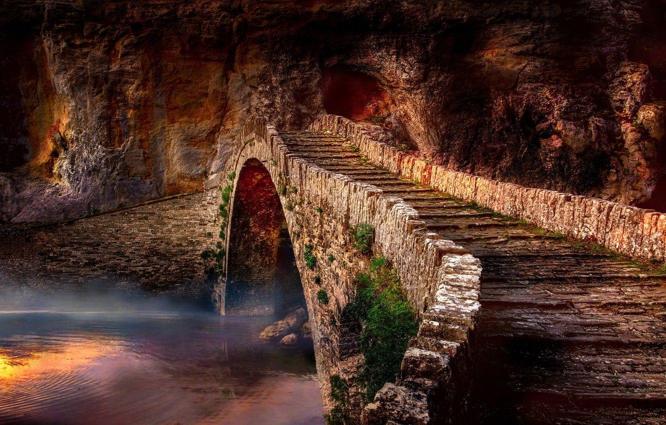1332x850 Wallpaper water, landscape, bridge, fog, rock, river