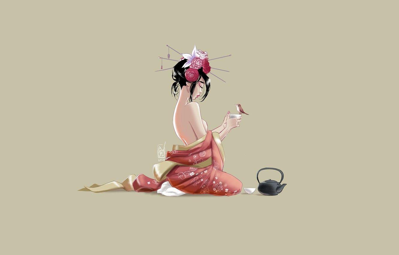1332x850 Wallpaper Girl, Minimalism, Bird, Japan, Bird, Japan, Cup