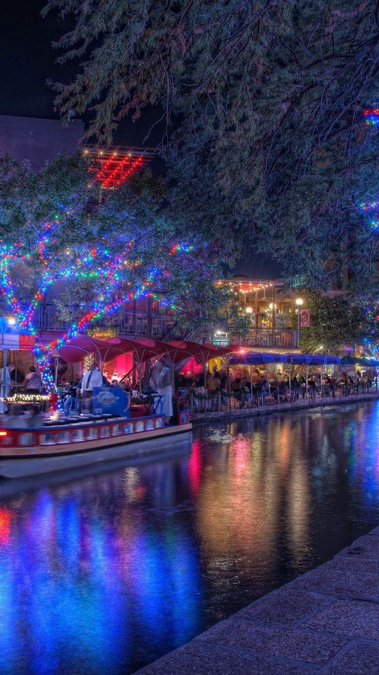 750x1334 Wallpaper San Antonio, Texas, USA, christmas, night, river