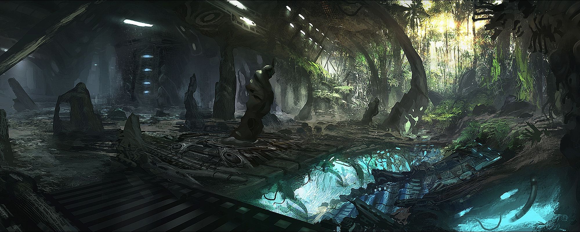 2000x800 Futuristic Fantasy Realm: HD Sci Fi Jungle Sanctuary