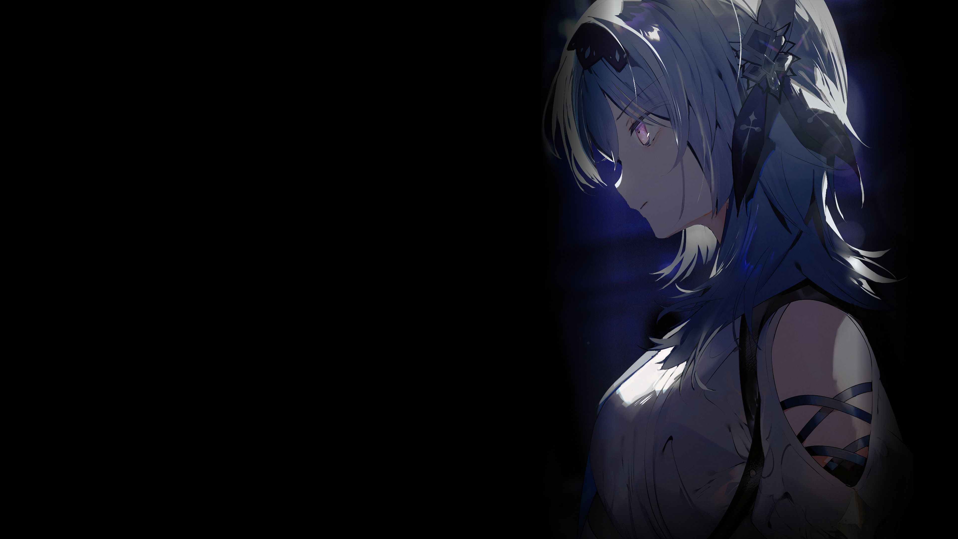 3840x2160 blue hair, simple background, black