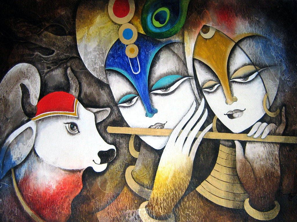 1024x768 Cute Radha Krishna Paint Art Wallpaper