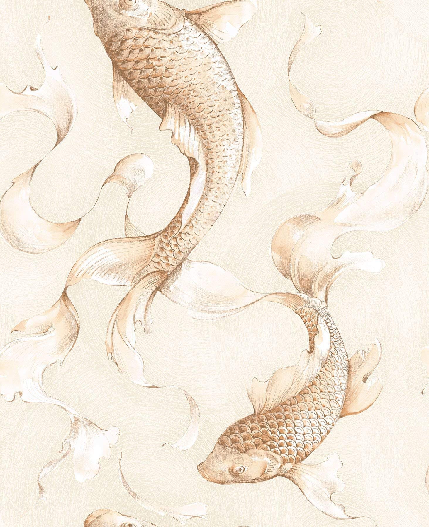 1463x1800 Wallpaper Designer Cream and Gold Koi Fish on Gray Cream Faux